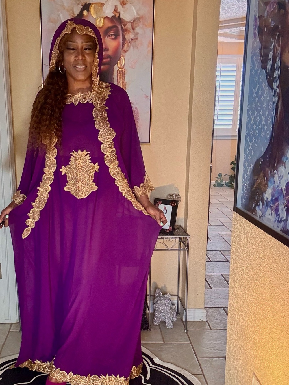 Purple Maxi Kaftan Dress with Gold Embroidered Accents - Picture 6 of 11